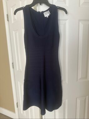Herve Leger Navy Ribbed Bandage Dress